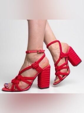 CAbi Red Tiptoe Tope Sandals Block Heels 9